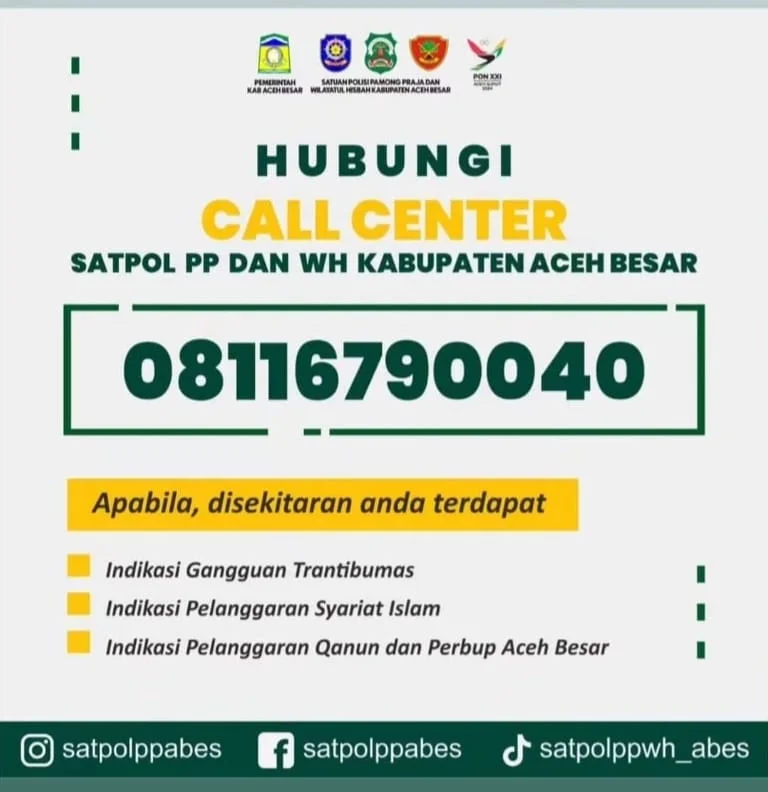 Layanan call center Satpol PP dan WH Aceh Besar. (Foto: Instagram)