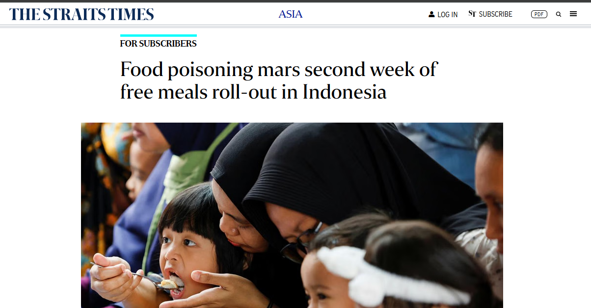 Straits Times, media asal Singapura yang soroti kasus keracunan makanan dalam peluncuran makan gratis pekan kedua di Indonesia. (Foto: Tangkapan Layar)