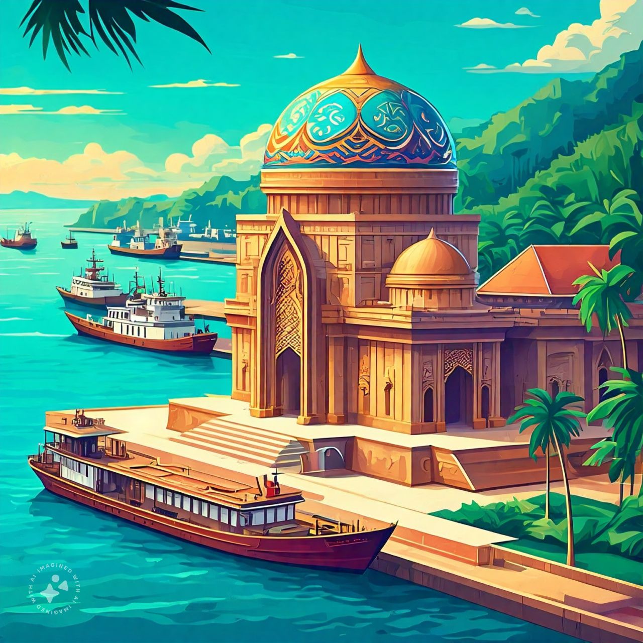 Ilustrasi pelabuhan Kerajaan Aceh. (Foto: META AI)