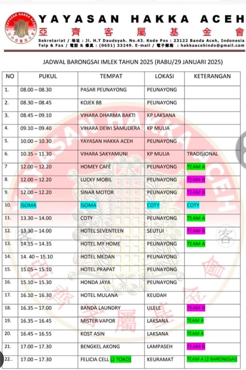 Rundown acara Pertunjukan Barongsai. (Foto: Yayasan HAKKA Aceh)