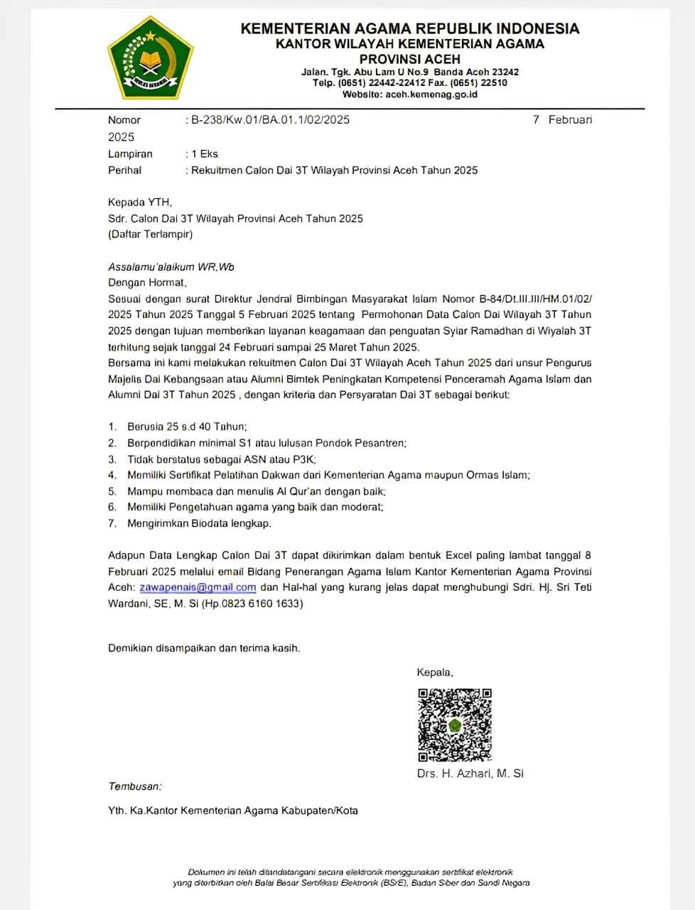 Surat edaran sumber informasi Rekrutmen Calon Da'i 3T Wilayah Aceh Tahun 2025. (Foto: Dokumentasi dari Kemenag Aceh)