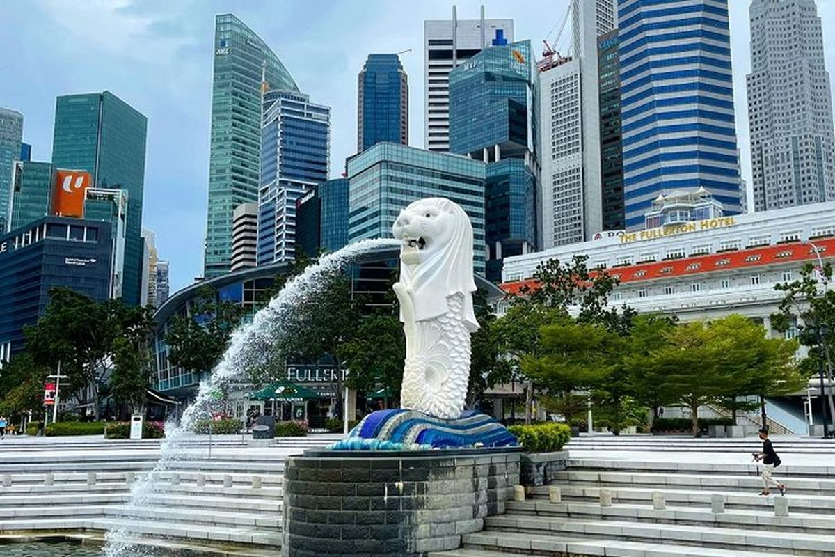 Ikon Singapura Patung Merlion di Taman Merlion, Marina Bay.(Foto: KOMPAS.com)