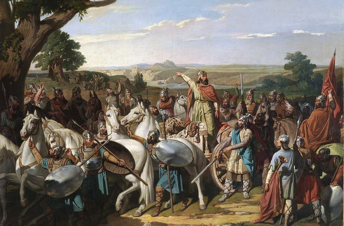 Lukisan Roderic yang memimpin Visigoth dalam Pertempuran Guadalete pada tahun 711 yang menjadi titik awal Islamisasi Spanyol dan Eropa dalam catatan sejarah dunia. (Foto: Wikipedia)