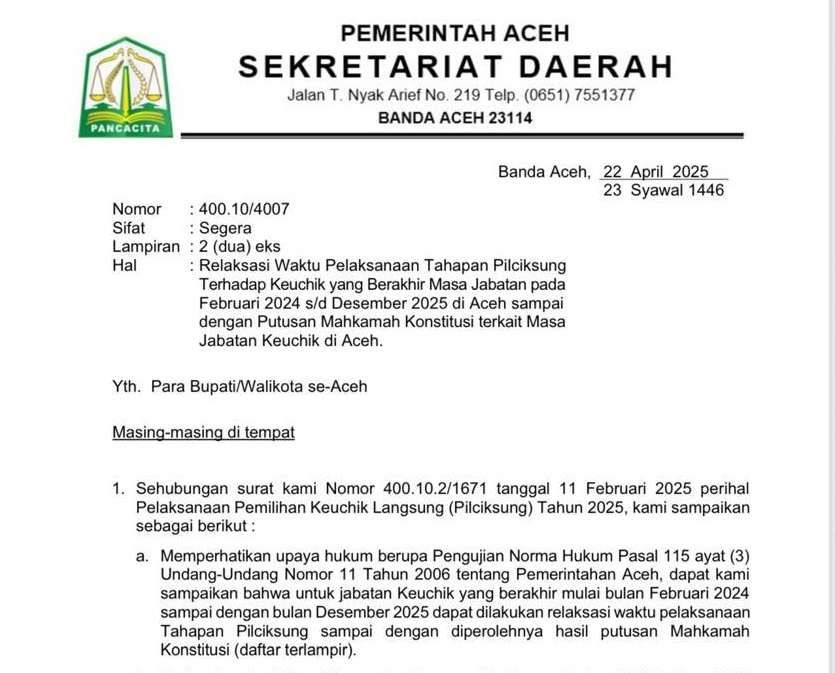 Surat edaran bernomor 400.10/4007 tertanggal 22 April 2025, yang ditujukan kepada para Bupati dan Wali Kota se-Aceh terkait penundaan tahapan Pemilihan Keuchik Langsung (Pilchiksung) untuk periode 2024–2025. (Foto: Tangkapan Layar)