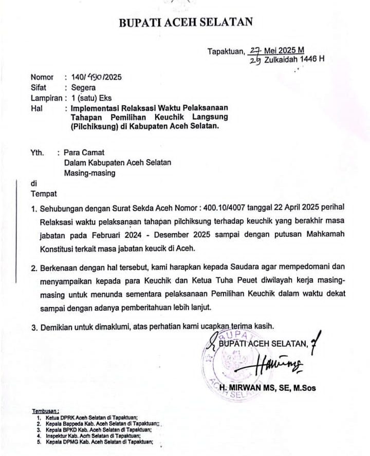 Surat penundaan tahapan Pemilihan Keuchik secara langsung (Pilchiksung) di seluruh kecamatan dalam wilayah Kabupaten Aceh Selatan. (Foto: Tangkapan Layar)