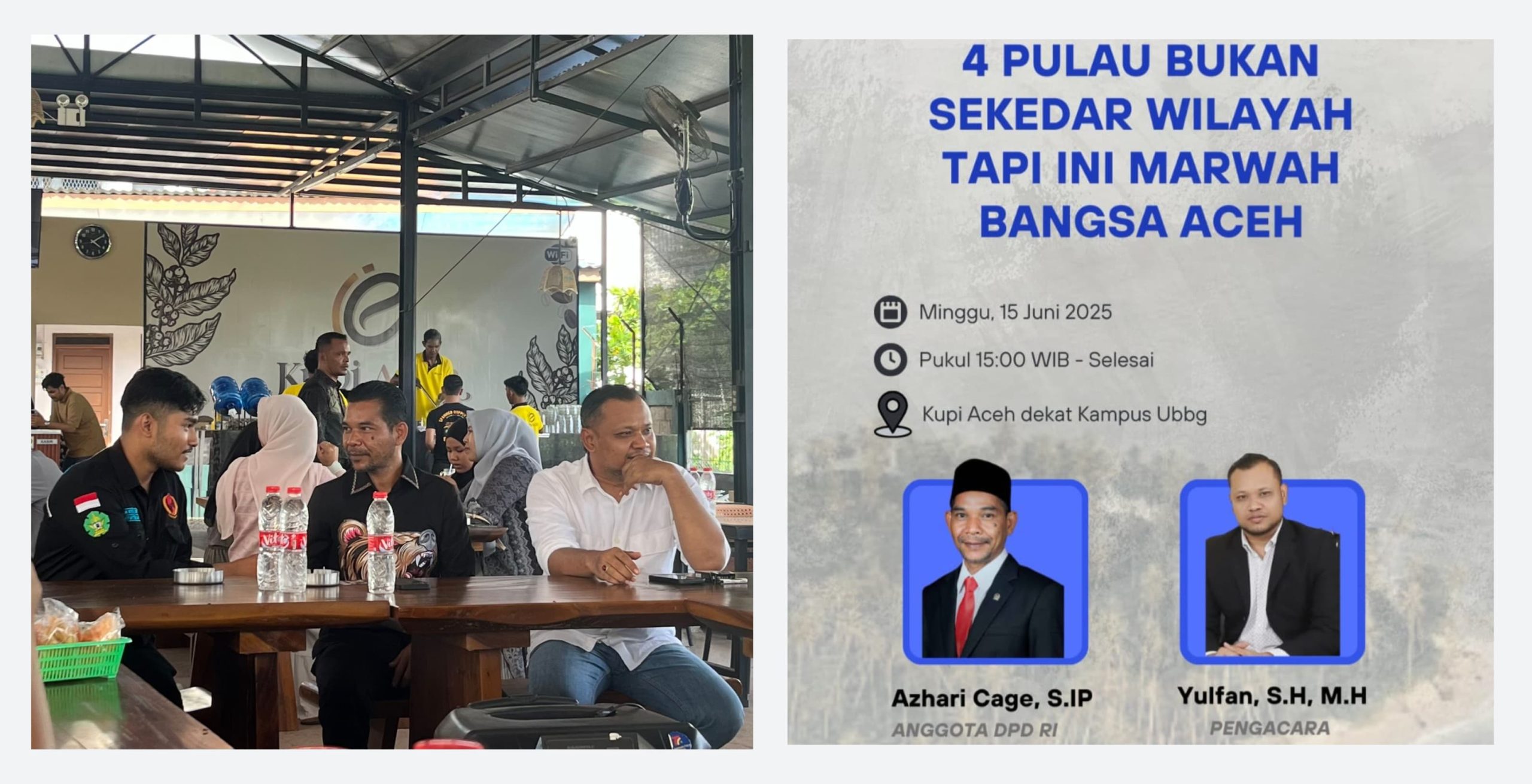 Azhari Cage dan Yulfan Jadi Narasumber Dalam Diskusi Sengketa Empat Pulau Aceh yang Digelar Ruang Diskusi Publik. (Foto: Nukilan)