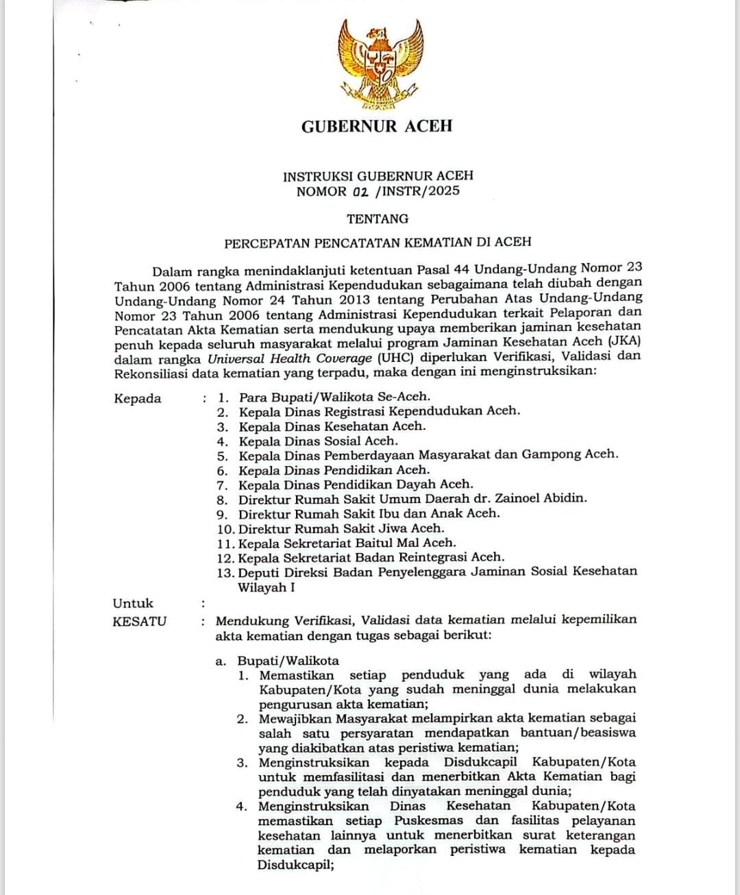 Dokumen Instruksi Gubernur Aceh Nomor 02/INSTR/2025 tentang Percepatan Pencatatan Kematian. (Foto: Tangkapan Layar)