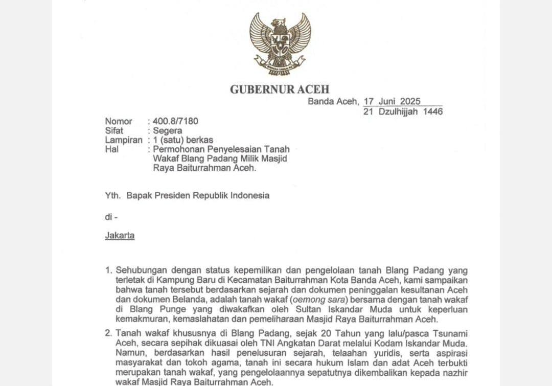 Surat Gubernur Aceh, Mualem kepada Presiden RI. (Foto: tangkapan layar).