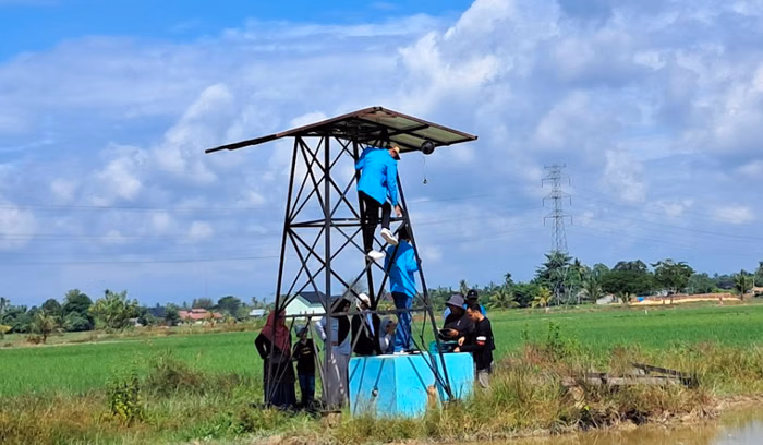 Fasilitas kamera CCTV pada tower khusus di lahan sawah, Desa Desa Tualang Baru, Kecamatan Manyak Payed, Aceh Tamiang, Aceh. (Foto: MI)