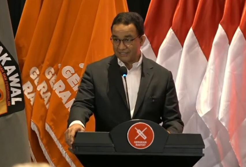 Anies Baswedan saat menghadiri rapat pimpinan nasional perdana organisasi masyarakat Gerakan Rakyat di Jakarta. (Foto: Tangkapan Layar oleh Nukilan)