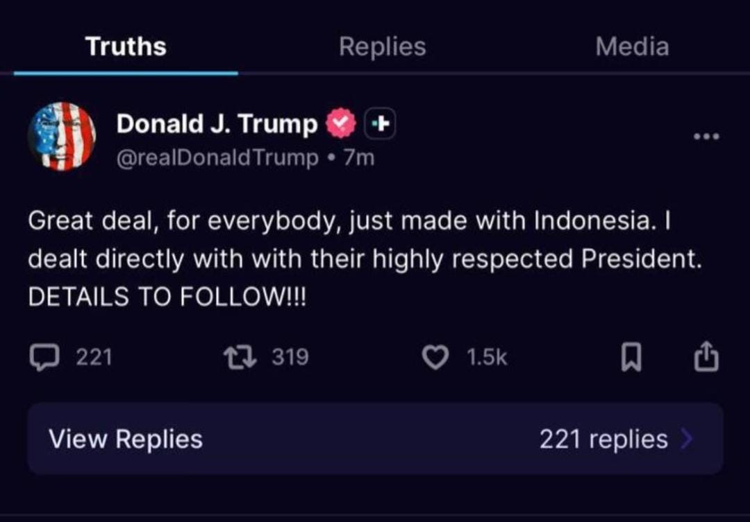 Unggahan Trump melalui akun resmi di platform Truth Social, Selasa (15/7/2025). (Foto: Tangkapan Layar)