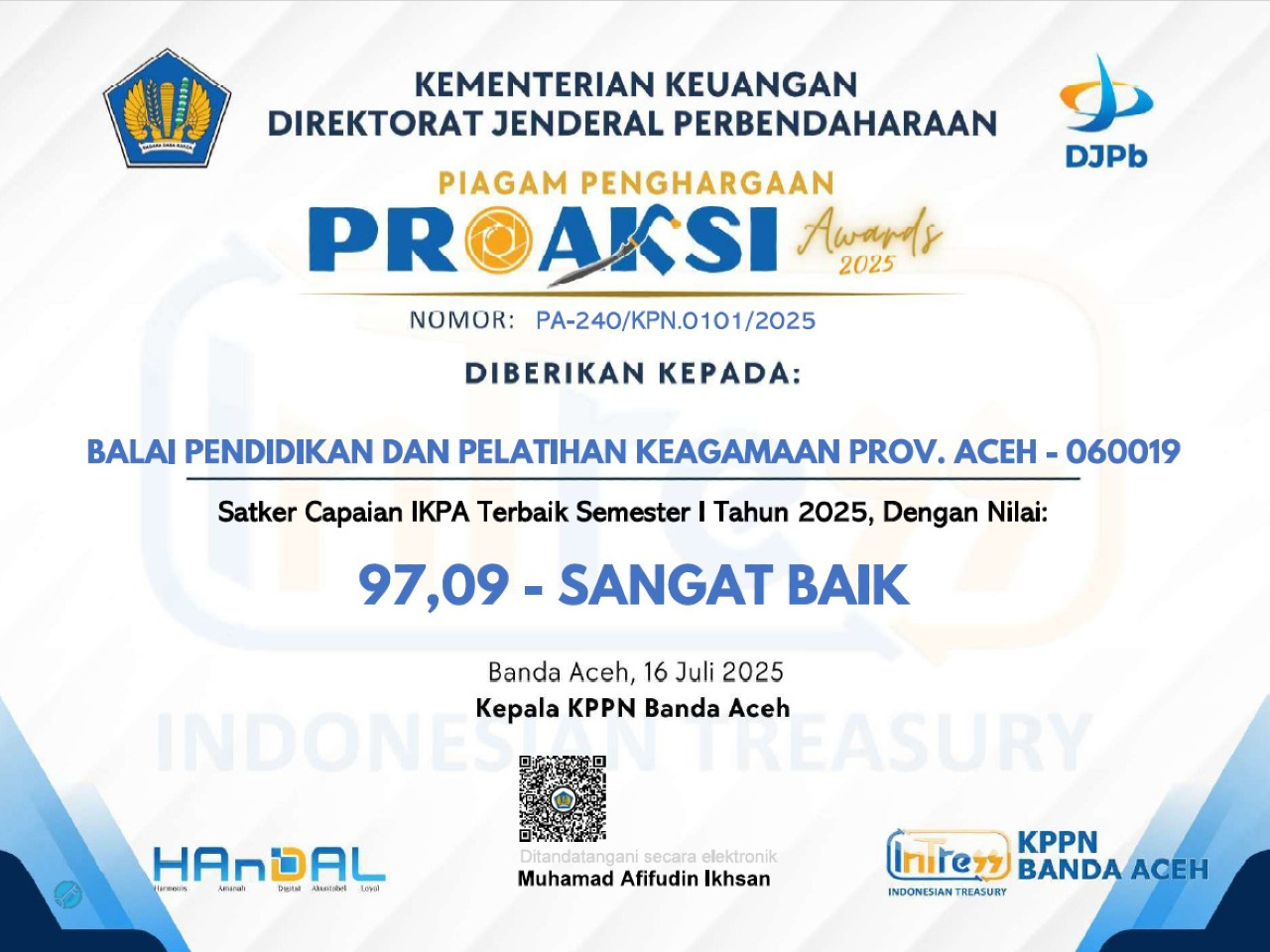BDK Aceh Raih PROAKSI Award 2025. (Foto: Kemenag Aceh)