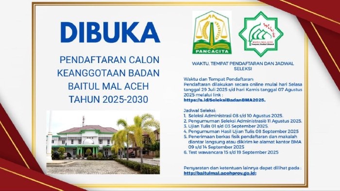 Pemerintah Aceh resmi membuka pendaftaran calon anggota Badan Baitul Mal Aceh periode 2025–2030 melalui tim independen. (Foto: BMA)