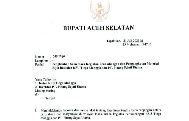 Surat Bupati Aceh Selatan Nomor 540/790 tertanggal 21 Juli 2025 yang ditujukan kepada Ketua KSU Tiega Manggis dan Direktur PT PSU. (Foto: tangkapan layar)