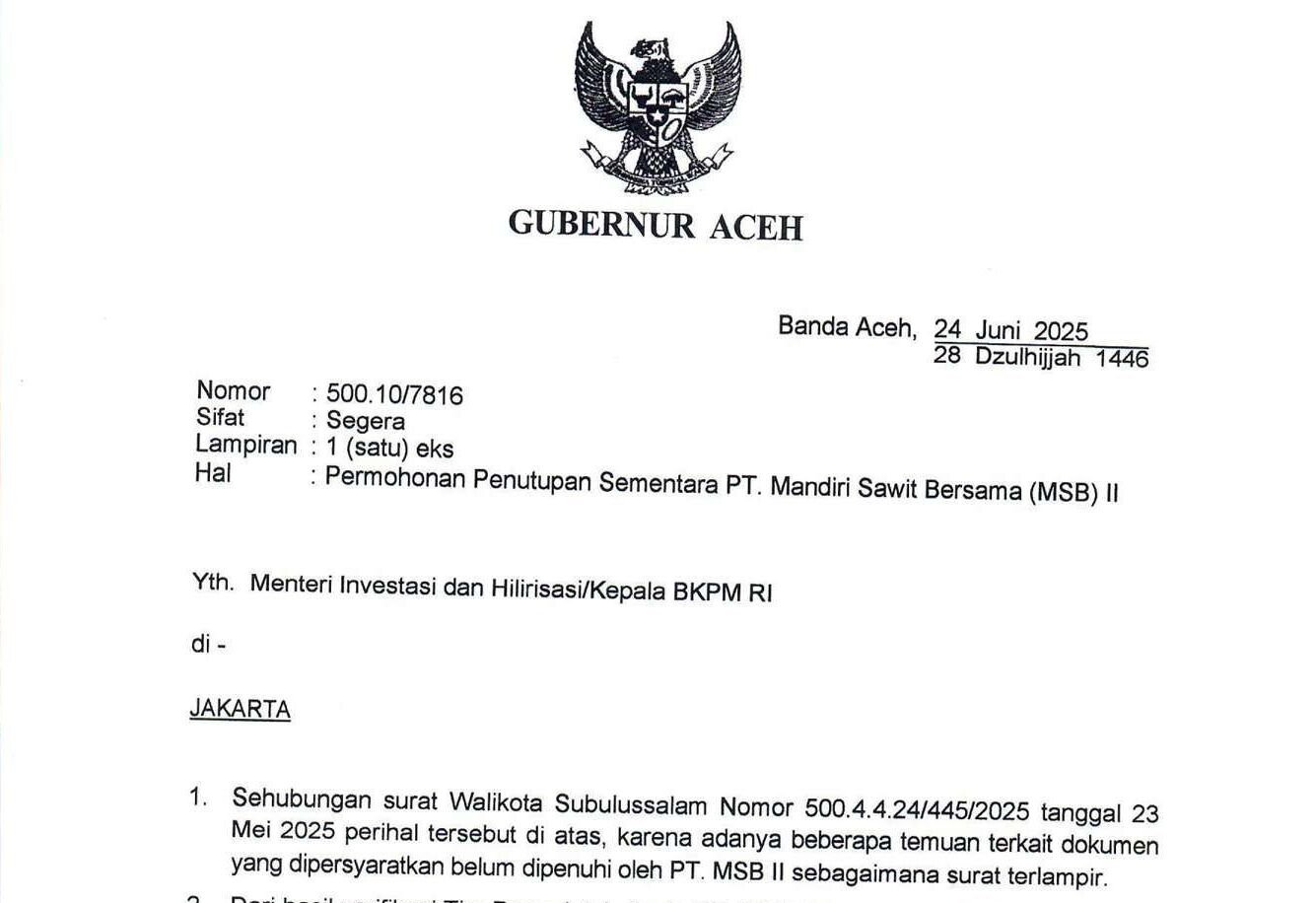 Surat Gubernur Aceh untuk Kementerian Investasi dan Hilirisasi/Badan Koordinasi Penanaman Modal (BKPM). (Foto: tangkapan layar)