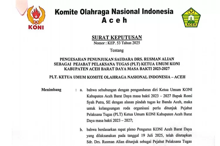 Surat Keputusan KONI Aceh Nomor KEP. 53 Tahun 2025, yang diterbitkan setelah rapat pleno pengurus KONI Aceh pada 19 Juli 2025. (Foto: tangkapan layar)