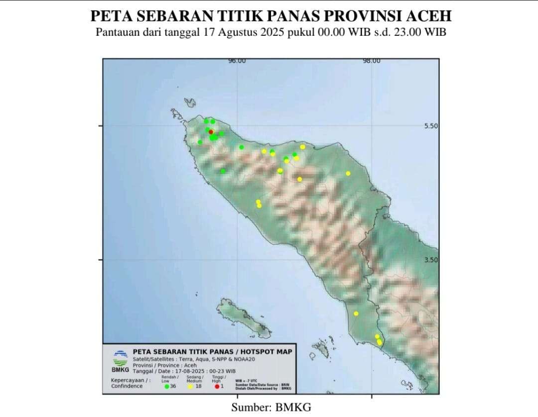 Peta sebaran titik panas di Provinsi Aceh hari ini. (Foto: BMKG Aceh)