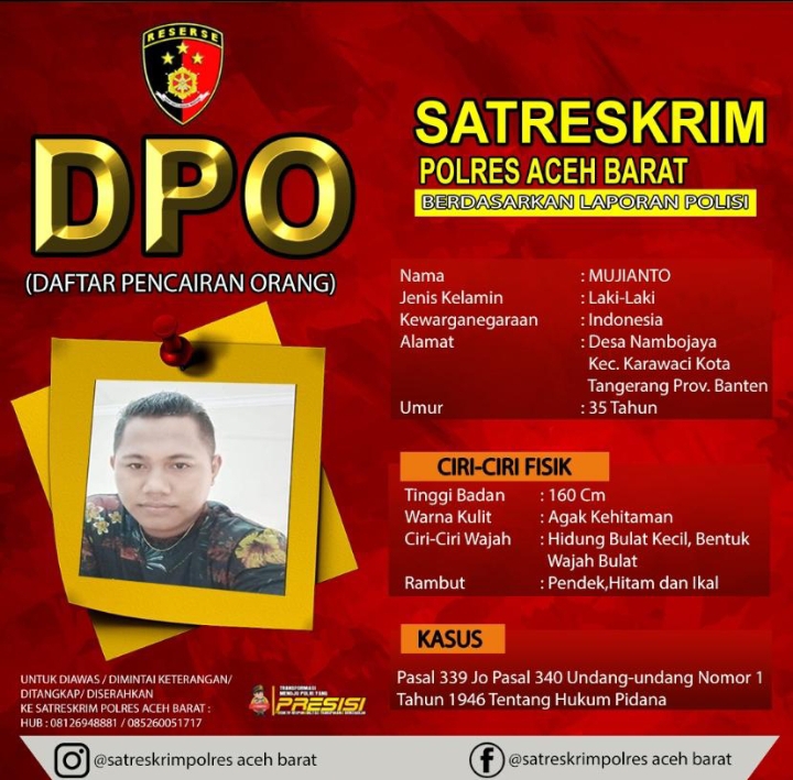 Polisi Terbitkan DPO Pembunuhan Warga Ujong Baroh Aceh Barat. (Foto: Polres Aceh Barat)