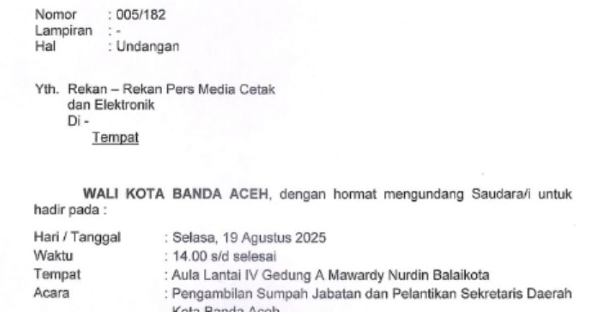 Tangkapan layar surat undangan pelantikan Sekdako Banda Aceh. (Foto: Nukilan)