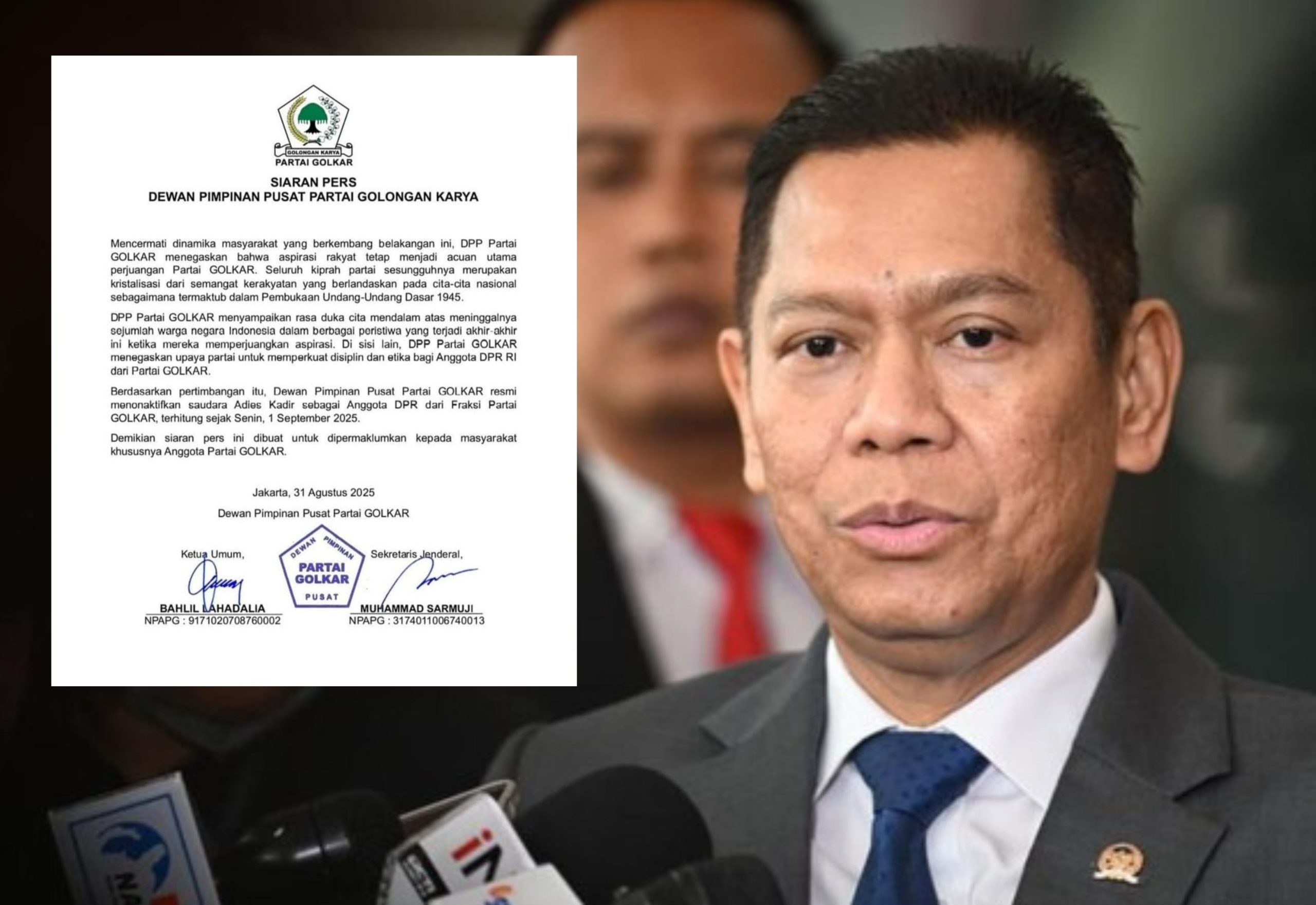 Dewan Pimpinan Pusat (DPP) Partai Golkar resmi menonaktifkan Adies Kadir dari keanggotaan DPR RI mulai Senin, 1 September 2025. (Foto: Nukilan)