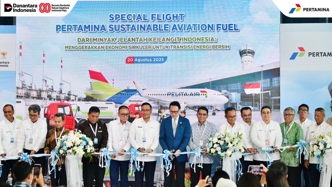 Pertamina luncurkan penerbangan perdana Pelita Air menggunakan Sustainable Aviation Fuel (SAF). (Foto: Pertamina)