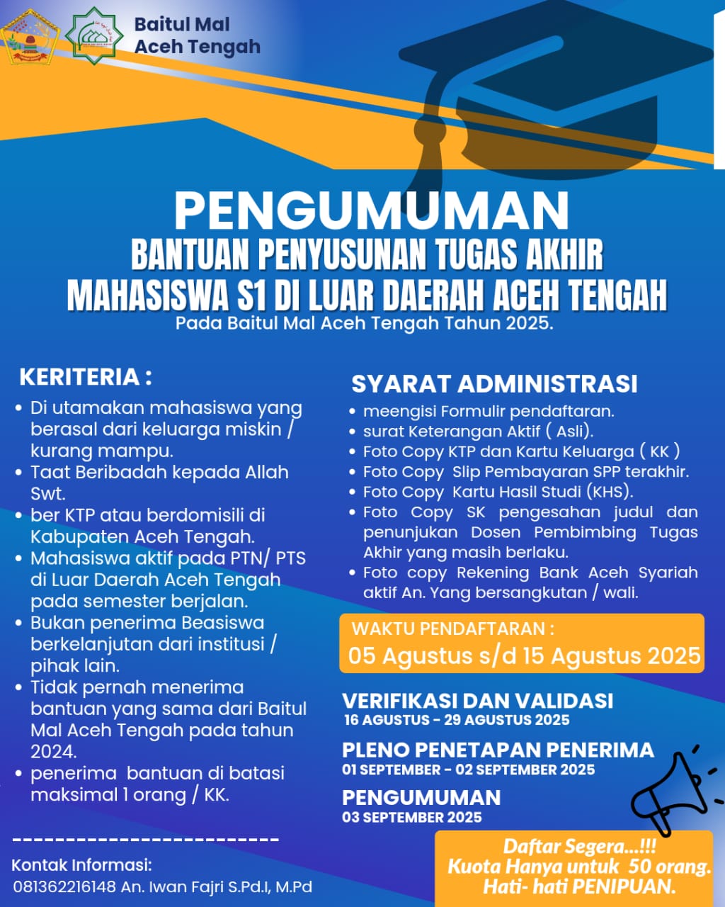 Banner Pengumuman Baitul Mal Aceh Tengah. (Foto: Dok Ist)