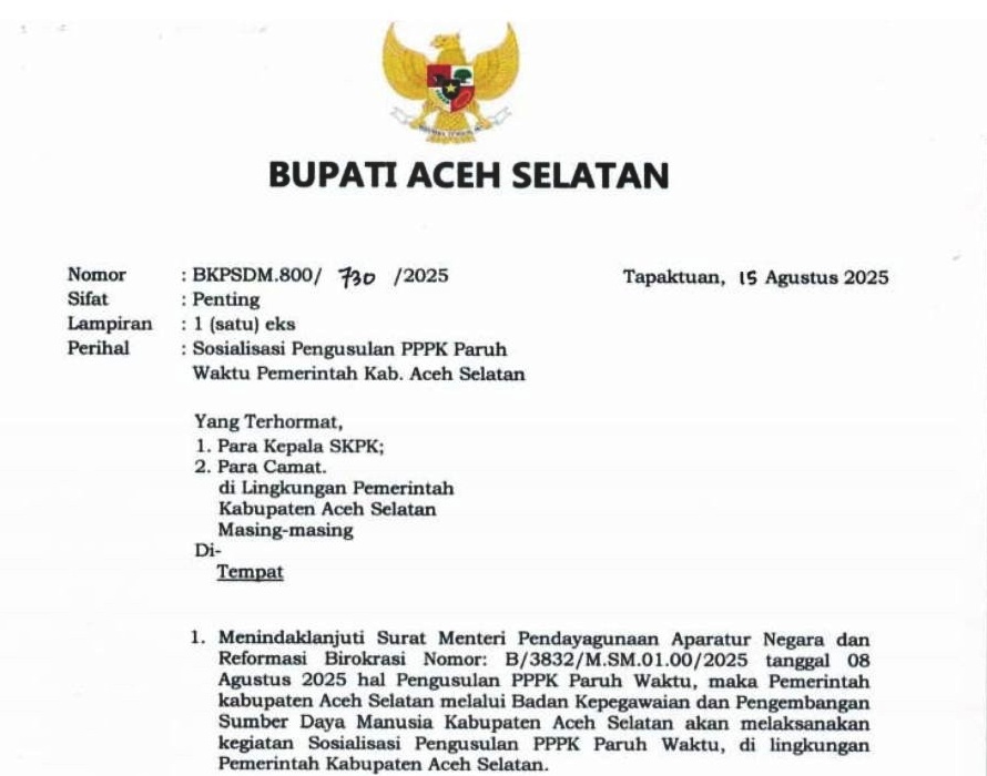 Surat Bupati Aceh Selatan. (Foto: tangkapan layar).