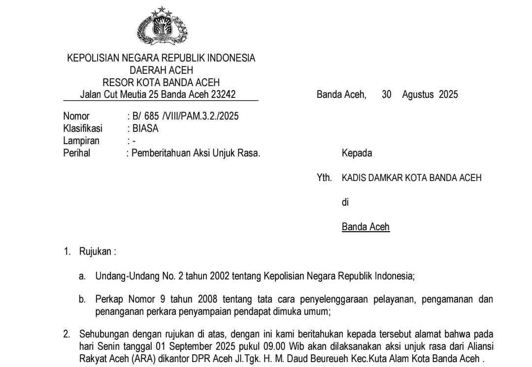 Surat dari Polresta Banda Aceh terkait pemberitahuan aksi demonstrasi. (Foto: tangkapan layar)