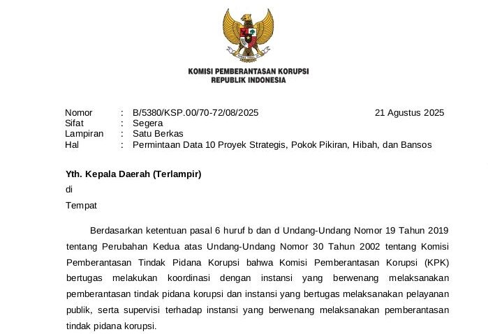 Surat resmi KPK kepada 24 kepala daerah di Aceh untuk menyerahkan data terkait pengelolaan anggaran daerah. (Foto: tangkapan layar)