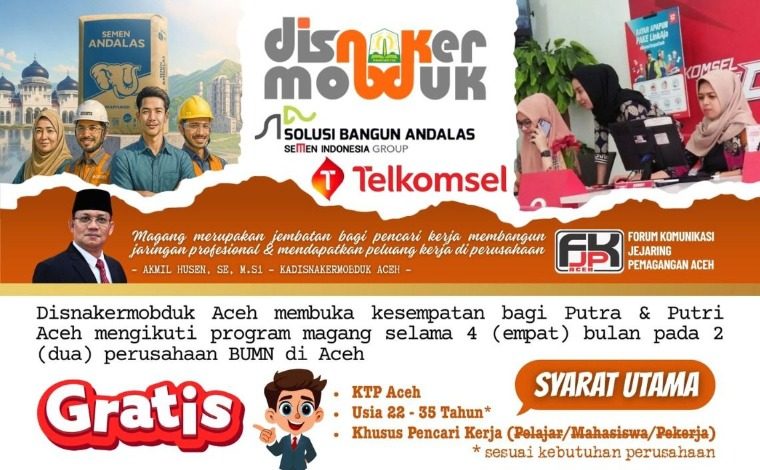 Disnaskermobduk Aceh Gandeng PT SBA dan Telkomsel Buka Kesempatan Magang Tahun 2025. (Foto: Disnakermobduk Aceh)