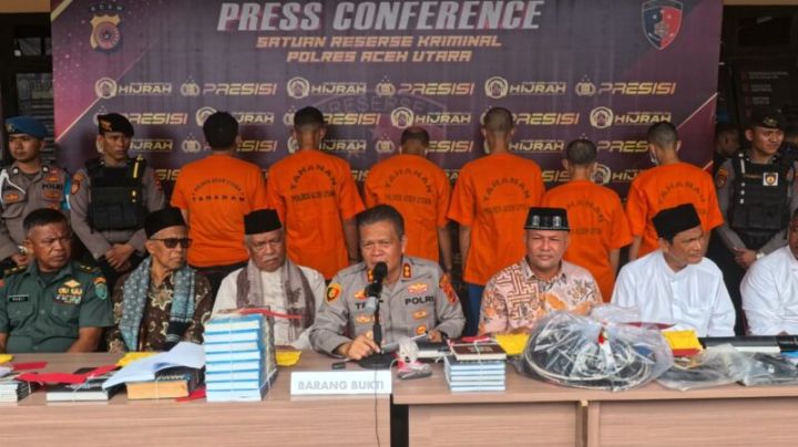 Satuan Reserse Kriminal Polres Aceh Utara menangkap enam pria diduga menyebarkan aliran menyimpang Millata Abraham. (Foto: Dok Polres Aceh Utara)