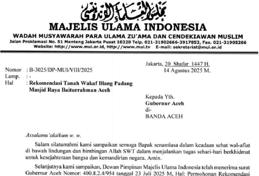 Surat Rekomendasi MUI untuk pengembalian tanah wakaf Blang Padang ke Masjid Raya Baiturrahman. (Foto: tangkapan layar)