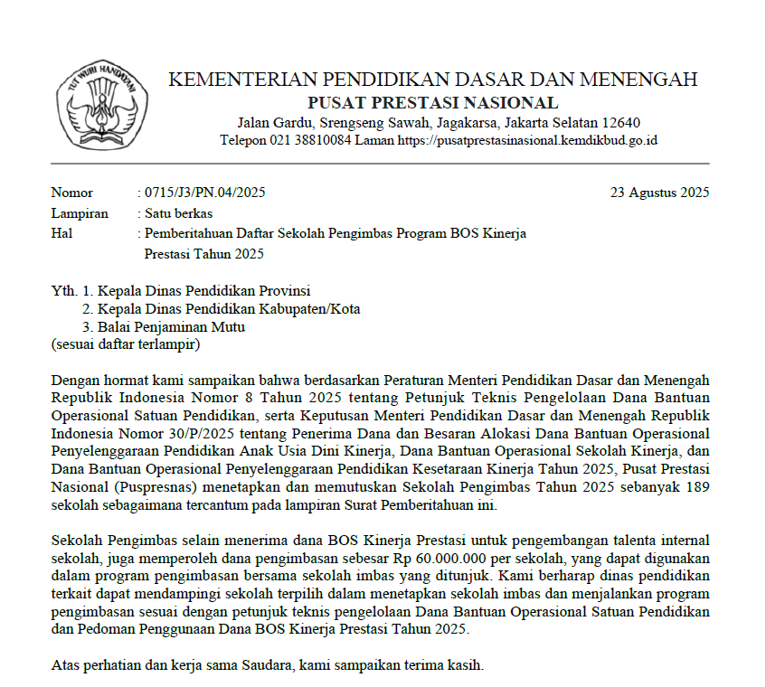 surat Pusat Prestasi Nasional (Puspresnas) Kementerian Pendidikan Dasar dan Menengah Nomor 0715/J3/PN.04/2025 tertanggal 23 Agustus 2025. (Foto: tangkapan layar)
