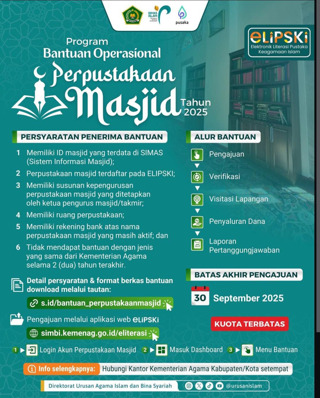 Kementerian Agama (Kemenag) membuka program Bantuan Operasional Perpustakaan Masjid 2025. (Foto: Kemenag RI)