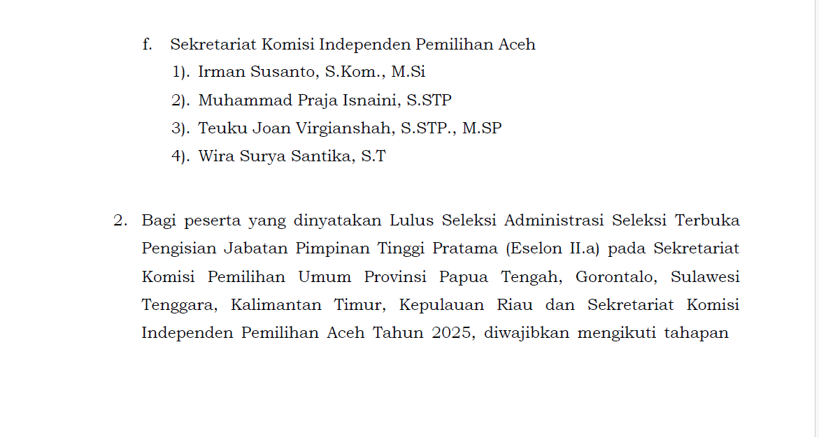 Empat nama yang dinyatakan lolos seleksi administrasi dalam perebutan jabatan Sekretaris Komisi Independen Pemilihan (KIP) Aceh tahun 2025. (Foto: tangkapan layar)
