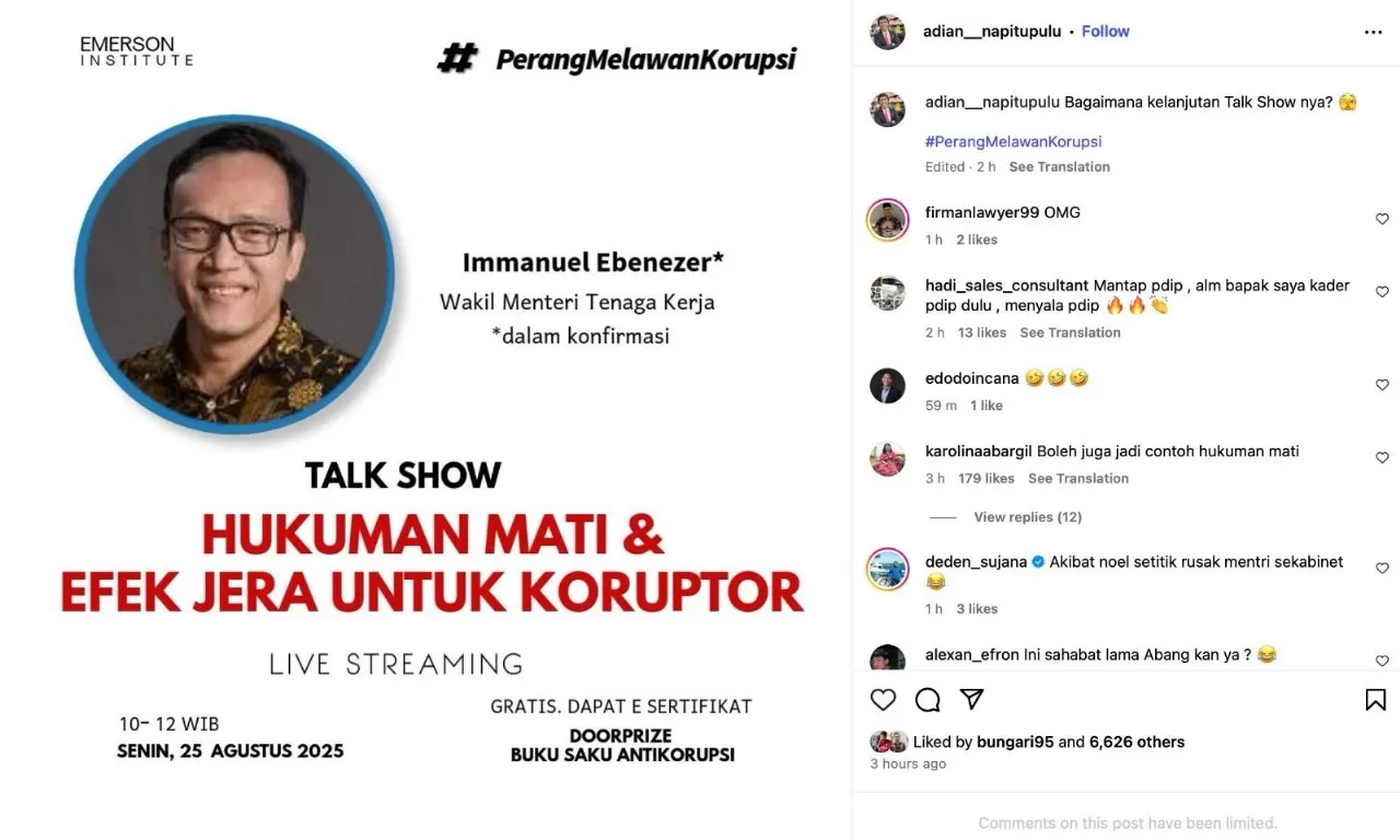 Wakil Sekretaris Jenderal DPP PDI Perjuangan, Adian Napitupulu, menyindir Noel lewat akun Instagram miliknya pada Kamis (21/8/2025) lalu. (Foto: Tangkapan Layar)