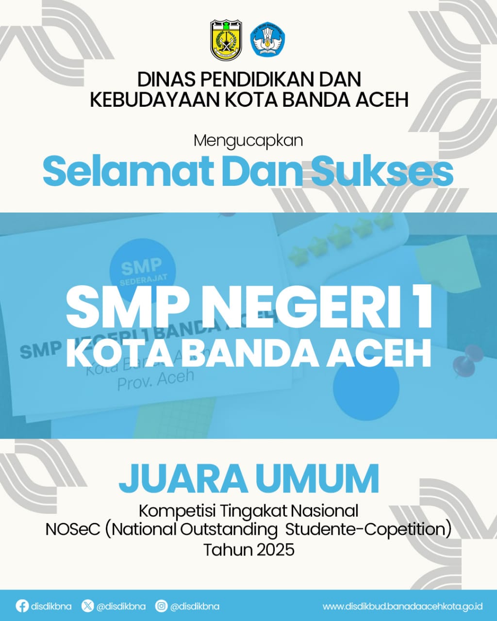 SMP Negeri 1 Banda Aceh kembali mengharumkan nama daerah dengan meraih predikat Juara Umum pada ajang National Outstanding Student e-Competition (NOSEC) tingkat nasional yang diselenggarakan oleh Braindicator. (Foto: Humas BNA)