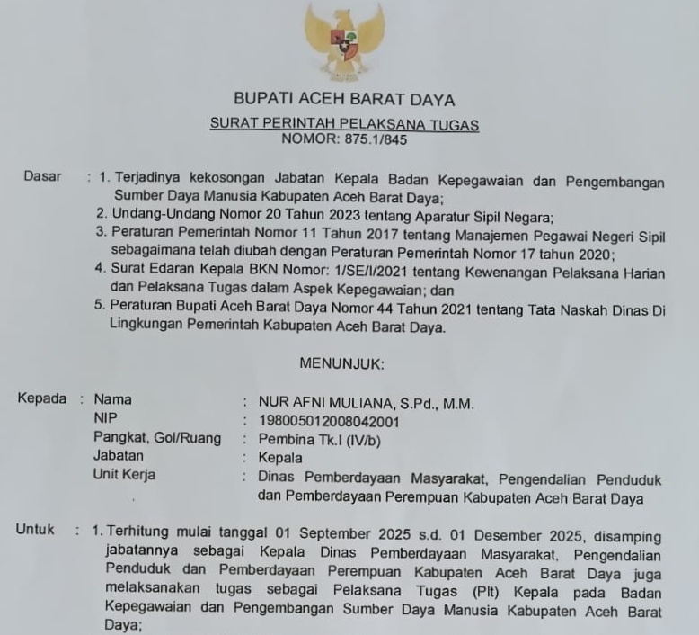 Surat Perintah Pelaksana Tugas Bupati Abdya. (Foto: tangkapan layar)