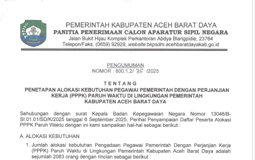 Pengumuman tentang Penetapan Alokasi Kebutuhan PPPK Paruh Waktu di Lingkungan Pemkab Aceh Barat Daya. (foto: tangkapan layar)