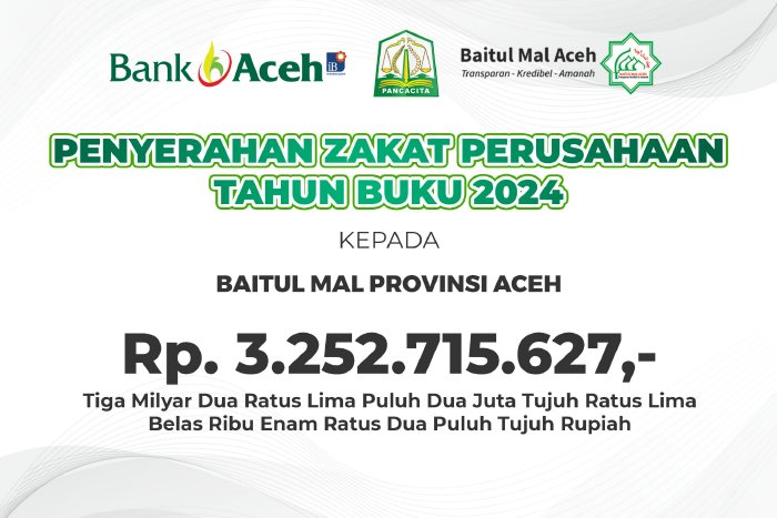 Bank Aceh Syariah Bayar Zakat Rp3,25 Miliar untuk Kesejahteraan Umat. (Foto: BMA)
