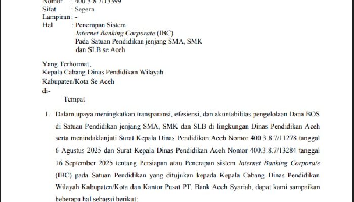 Surat Kepala Dinas Pendidikan Aceh Nomor 400.3.8.7/13399 tanggal 21 September 2025 yang ditandatangani Kepala Disdik Aceh, Marthunis, S.T., D.E.A. (Foto: Ist)