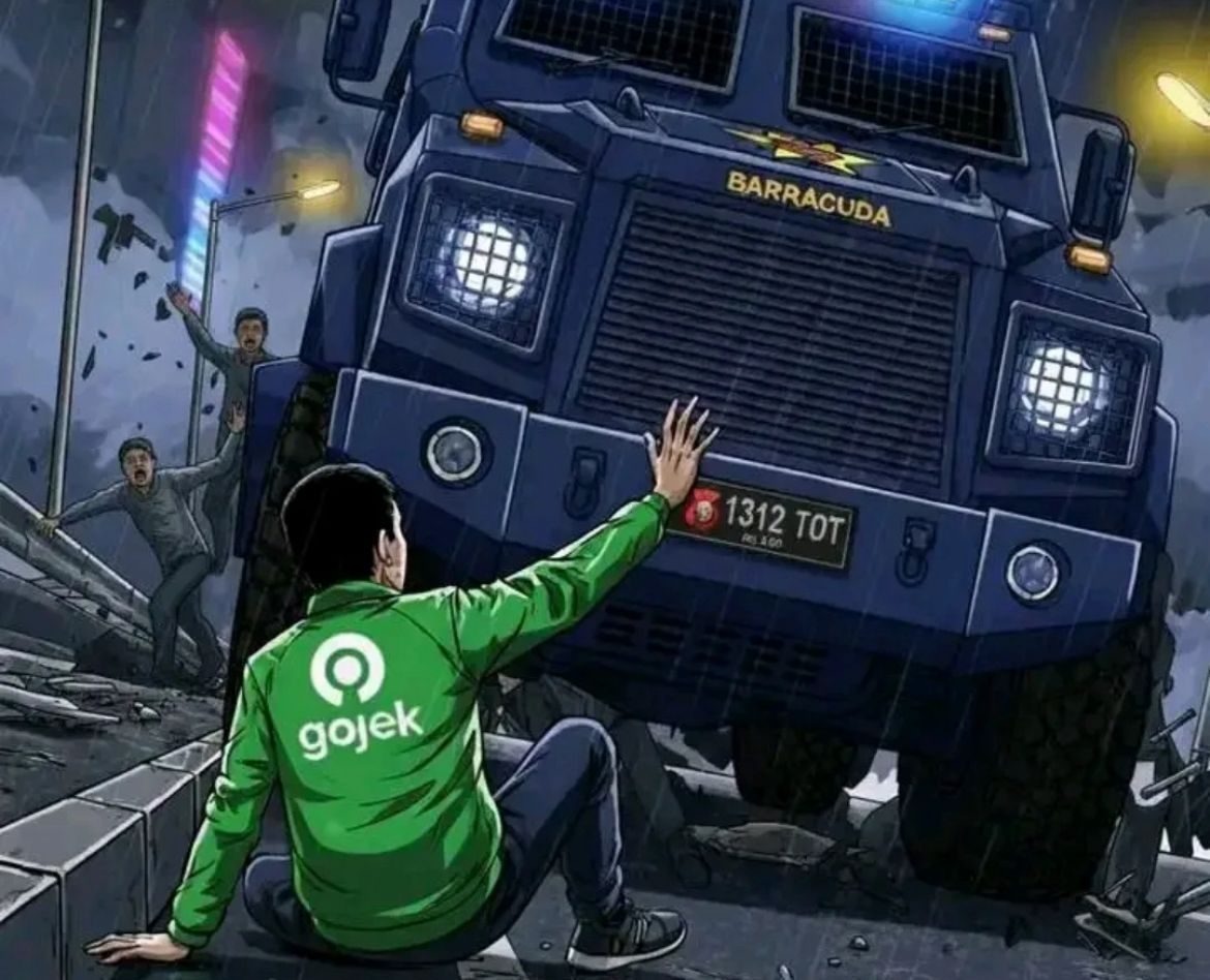 Ilustrasi Affan meninggal setelah tertimpa kendaraan taktis (rantis) Brimob di tengah kerusuhan demonstrasi. (Foto: momox)