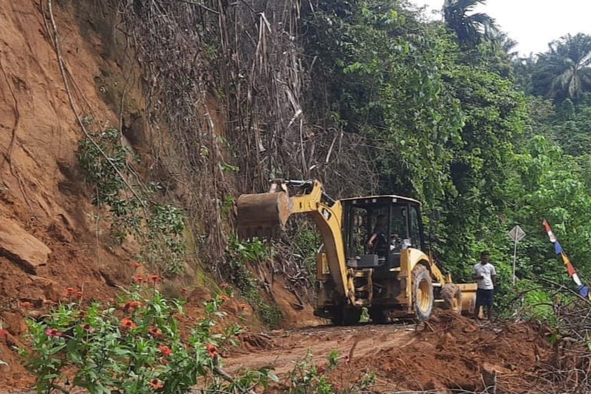 Hujan deras disertai angin kencang mengakibatkan longsor dan menutup badan jalan di Desa Alue Sentang, Kecamatan Birem Bayeun, Kabupaten Aceh Timur, Provinsi Aceh, Jumat (7/11/2025). (FOTO: BPBD ACEH TIMUR)
