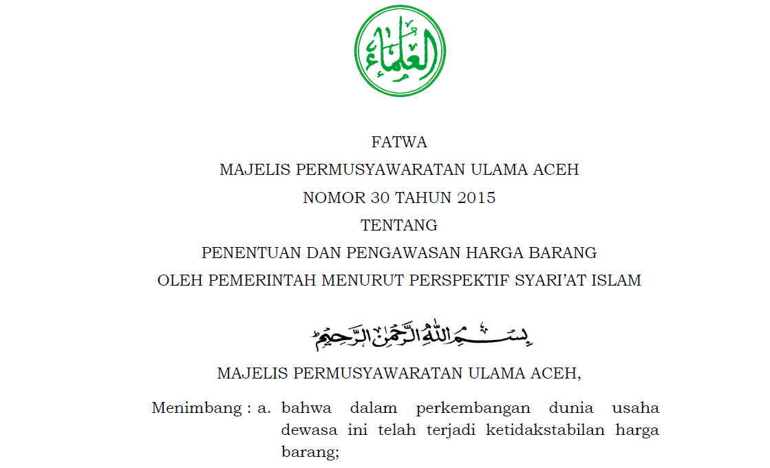 Fatwa Nomor 30 Tahun 2015 tentang Penentuan dan Pengawasan Harga Barang oleh Pemerintah Menurut Perspektif Syariat Islam. (Foto: tangkapan layar)