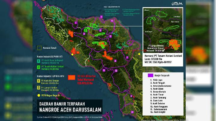 Peta menunjukkan banjir besar di Aceh terjadi di wilayah konsesi hutan milik Prabowo Subianto melalui PT Tusam Hutani Lestari. Perusahaan HTI tersebut menguasai 97 ribu hektare hutan di Aceh Tengah, Bener Meriah, Bireuen, dan Aceh Utara. (FOTO: Dok. JATAM Indonesia)