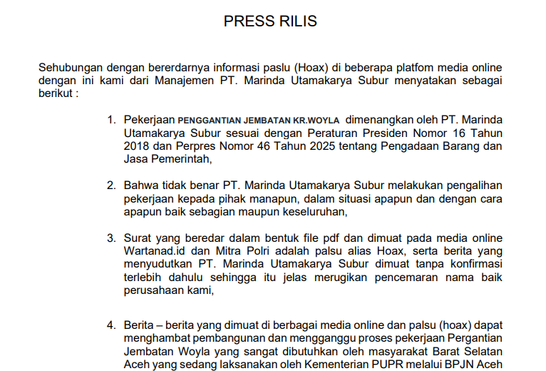 PT Marinda Utamakarya Subur Bantah Isu Hoaks Pengalihan Proyek Jembatan Woyla. (Foto: Tangkapan Layar)