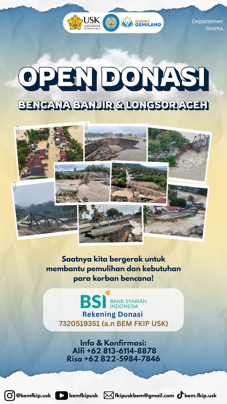 Flayer donasi untuk korban banjir, informasi kontak dan nomor rekening donasi tercantum di flayer.