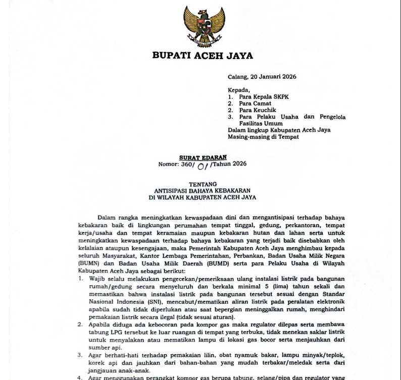 Pemkab Aceh Jaya Keluarkan Edaran Kesiapsiagaan Cegah Kebakaran 2026. (Foto: For Nukilan)