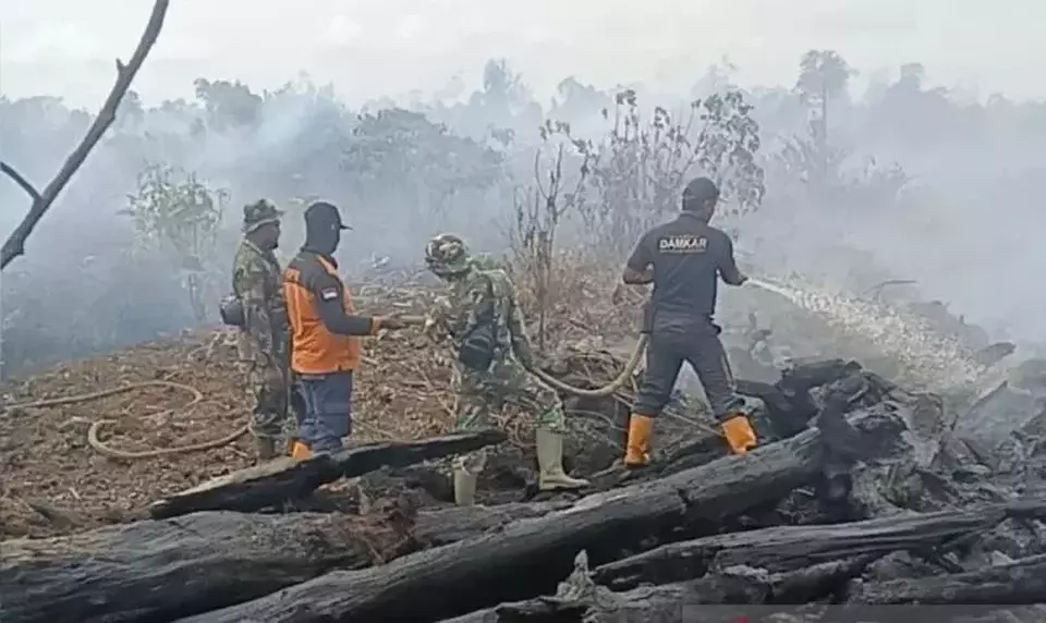 Petugas BPBD bersama prajurit TNI memadamkan kebakaran hutan dan lahan di Desa Meunasah Rambot, Kecamatan Kaway XVI, Kabupaten Aceh Barat. (Foto: BPBD Aceh Barat)