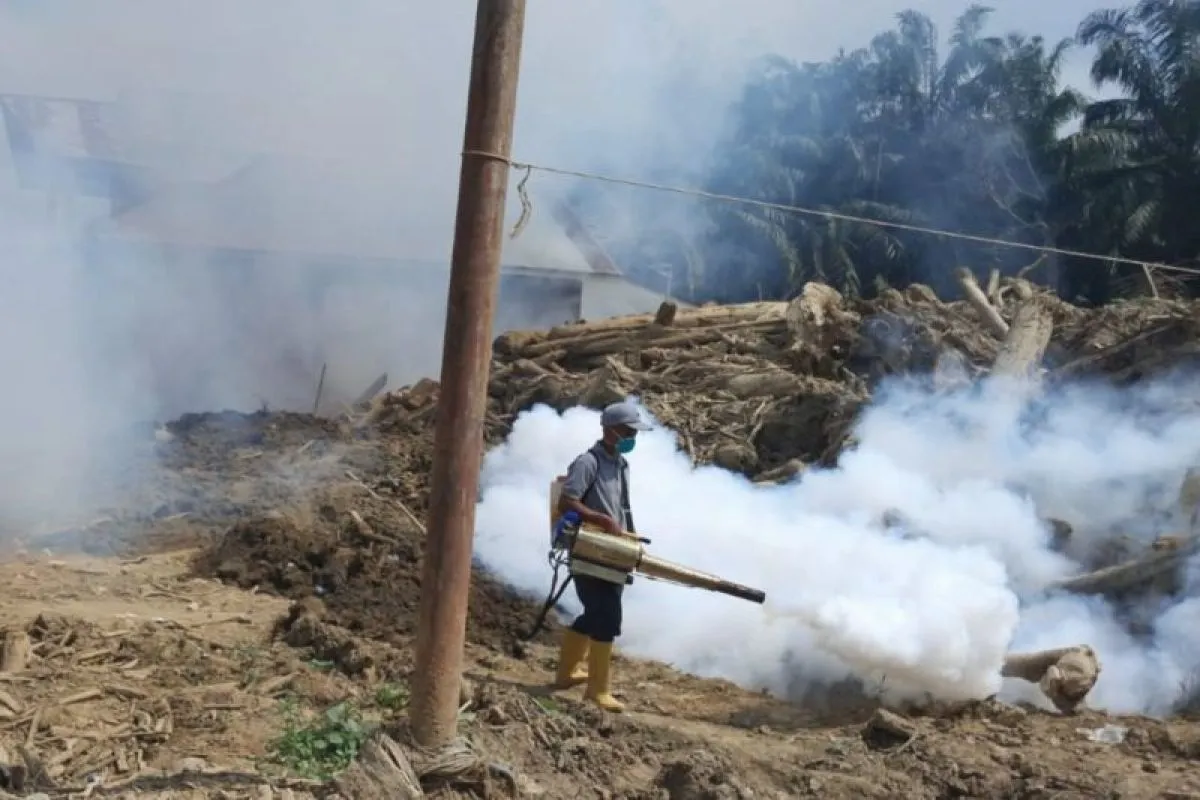 Tim kolaborasi Dinkes Aceh Tamiang memburu larva dan jentik nyamuk dengan melakukan pengasapan (fogging) di kawasan bantaran sungai Desa Kota Lintang, Kuala Simpang, Kabupaten Aceh Tamiang, Sabtu (7/2/2026). (Foto: ANTARA/Dede Harison)